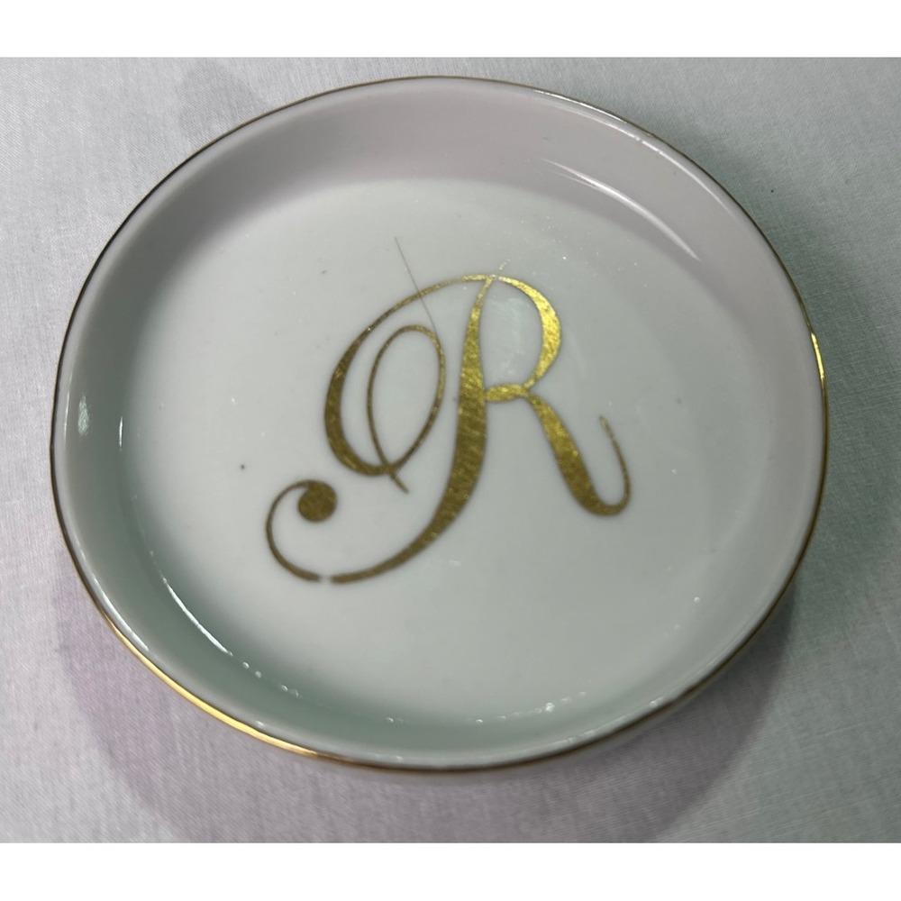 Vintage Enesco Monogram R Porcelain Trinket Dish Gold Rim 3.5in